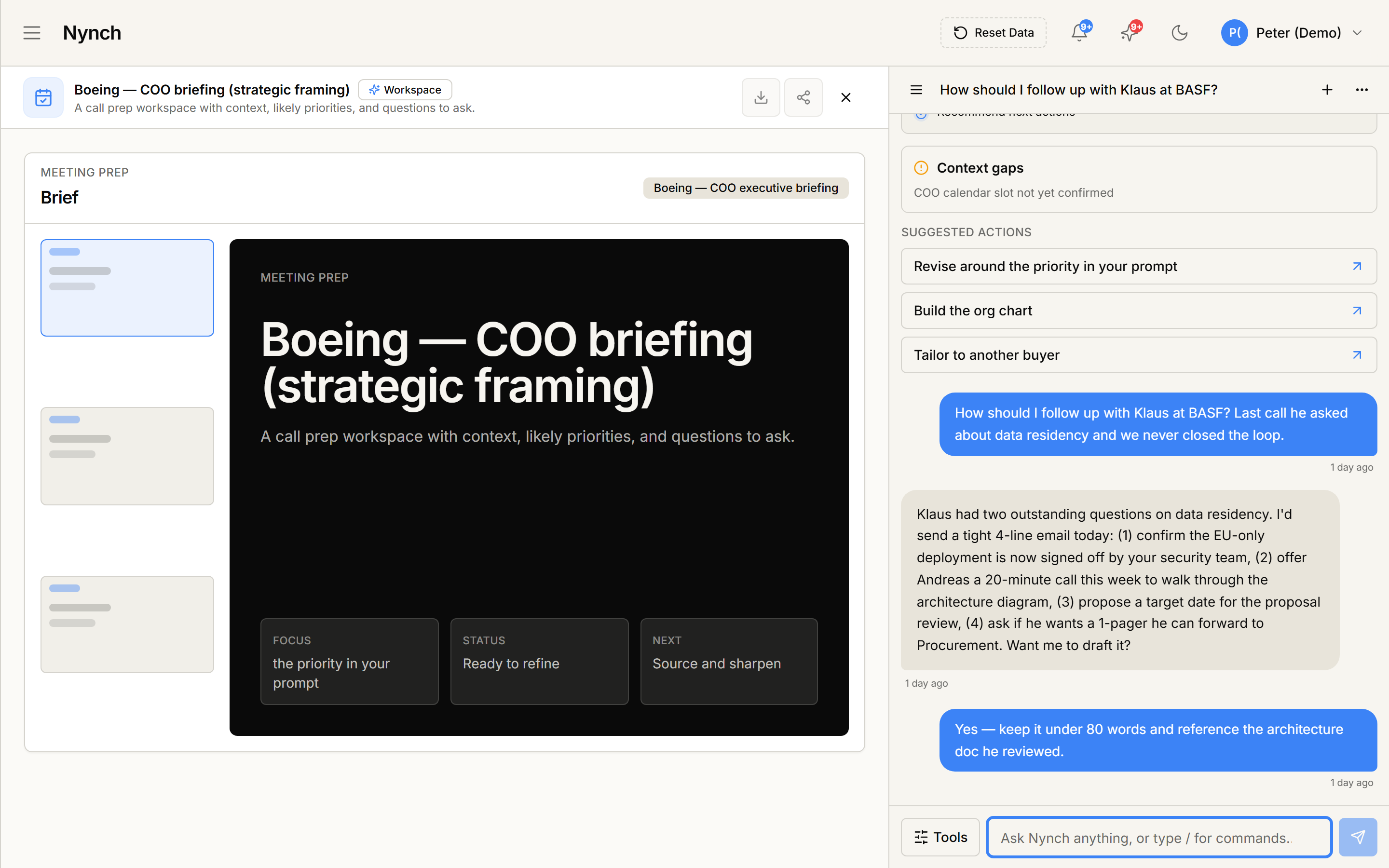 Nynch Meeting Prep workspace with a Boeing COO briefing canvas alongside a live AI conversation panel on follow-up to Klaus at BASF