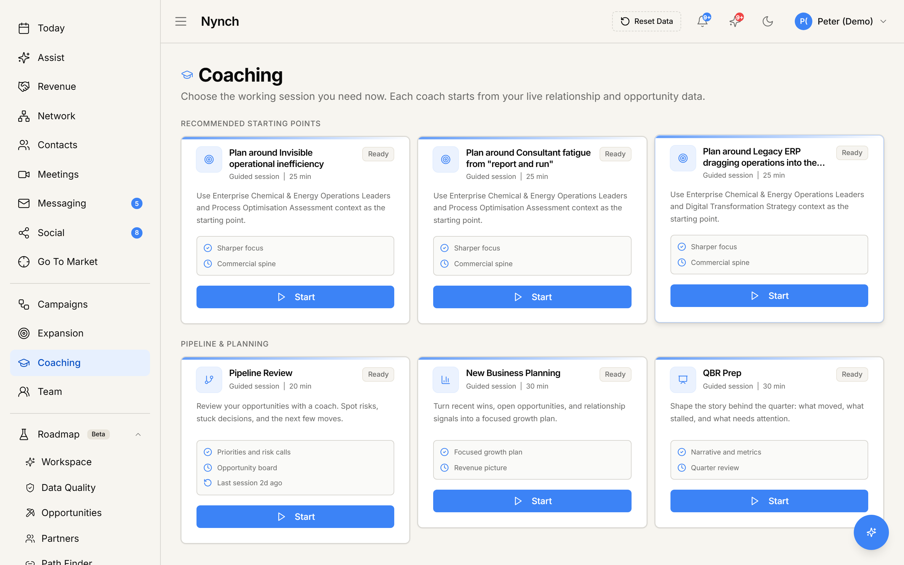 Nynch Coaching tab showing coaching canvases and relationship alerts built from the user's own network data