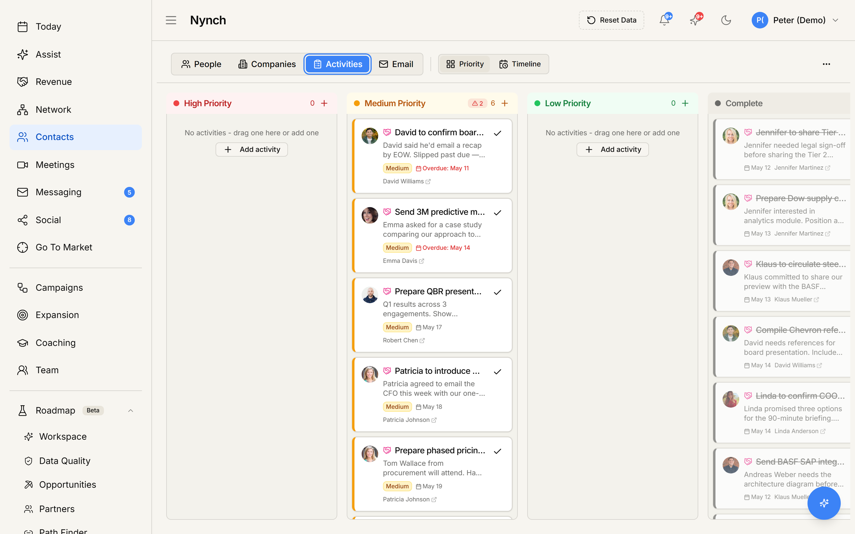 Nynch product screen, People Messages tab with inbound email and Reply Coach suggestions