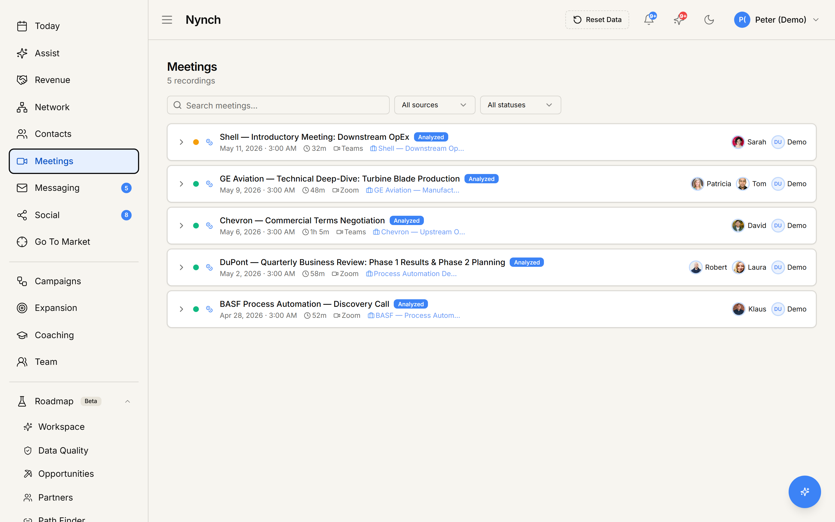 Nynch Meetings list showing five analysed calls (Shell, GE Aviation, Chevron, DuPont, BASF) with durations, attendees, and source meeting platform