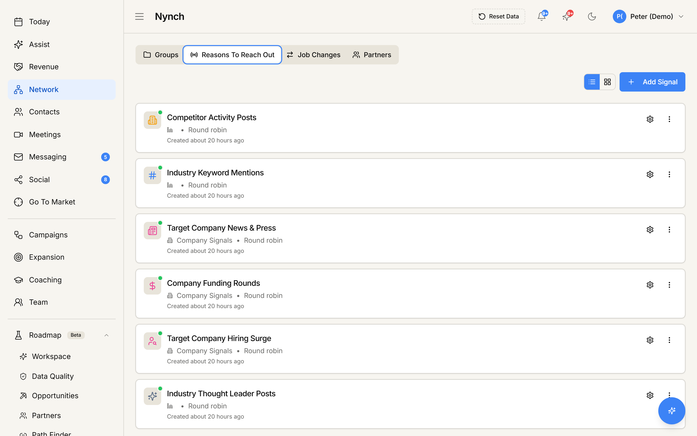 Nynch Network > Reasons To Reach Out view surfacing relationship signals, role changes, and warmth shifts across the contact graph