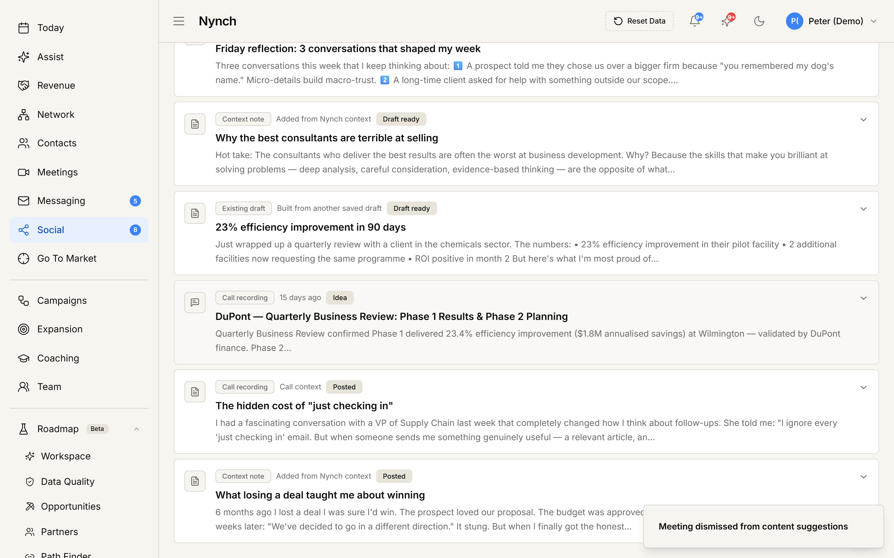 Nynch Social > Write view with LinkedIn post drafts grouped by status, drawing on real deal stories and Quarterly Business Review notes