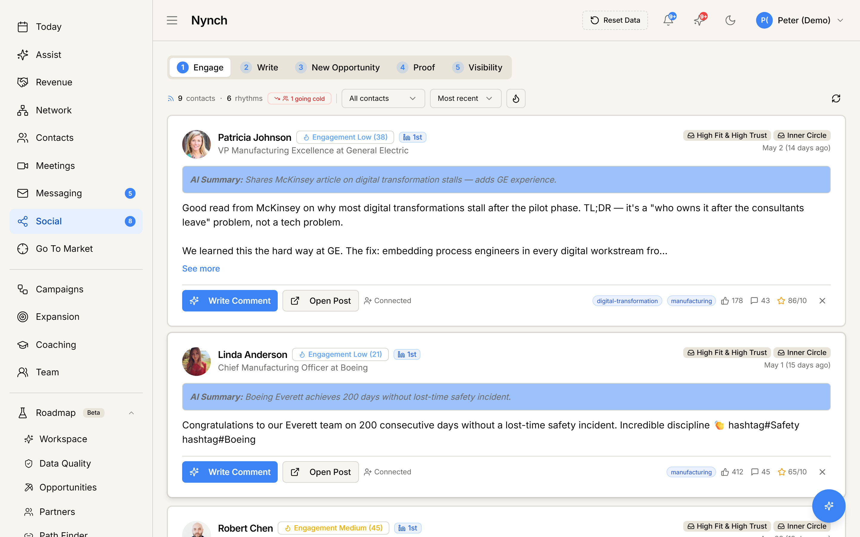 Nynch Build Authority workspace showing post pipeline, scheduled distribution, and captured engagement signals
