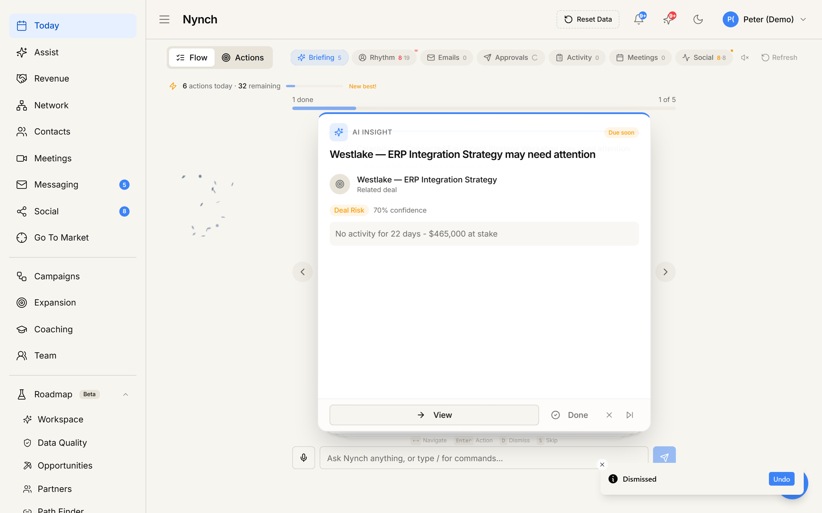 Nynch product screen, Today Flow tab showing Next Steps section with briefing card