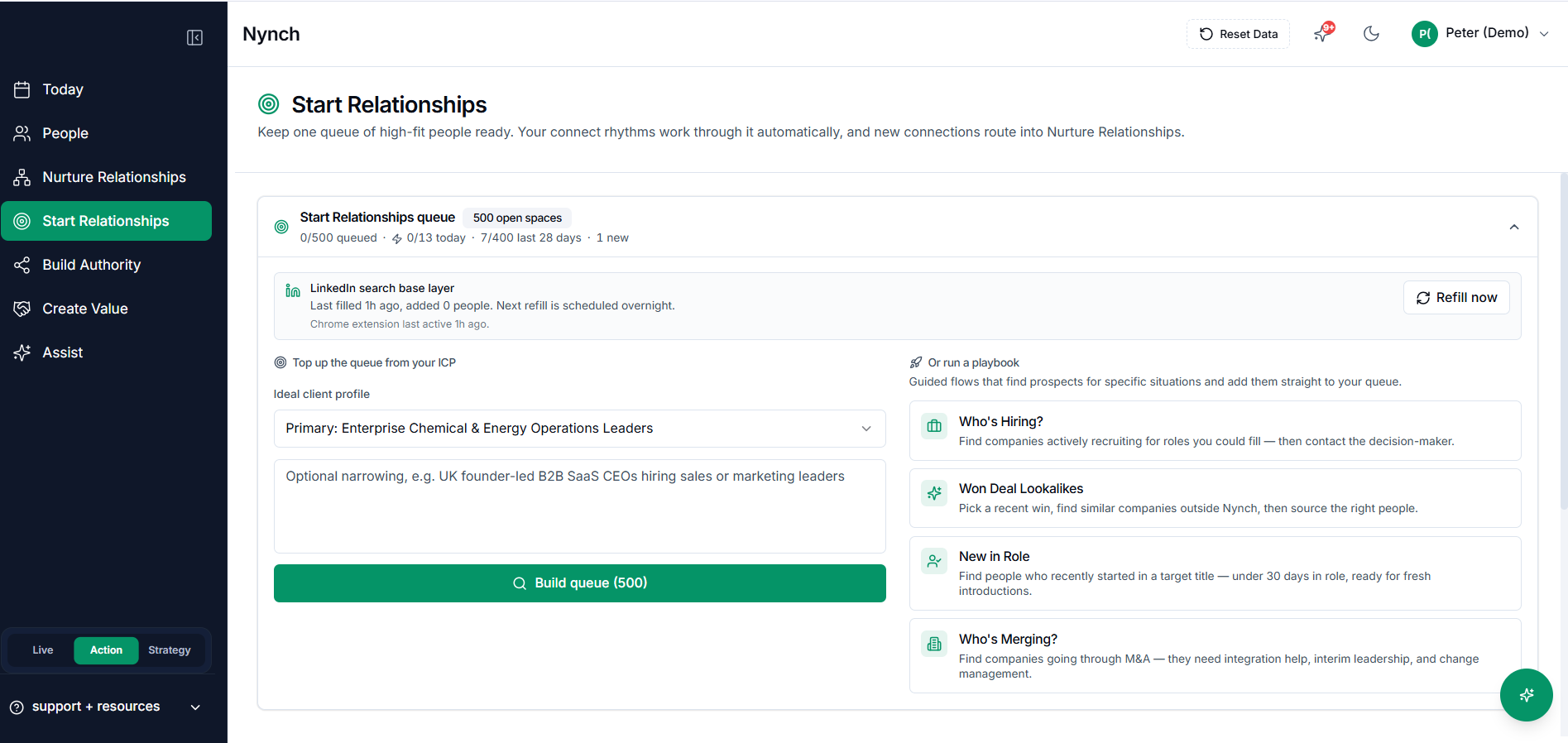 Nynch campaign view with ICP-matched prospects, warm-path indicators showing mutual connections, and AI-drafted personalised outreach