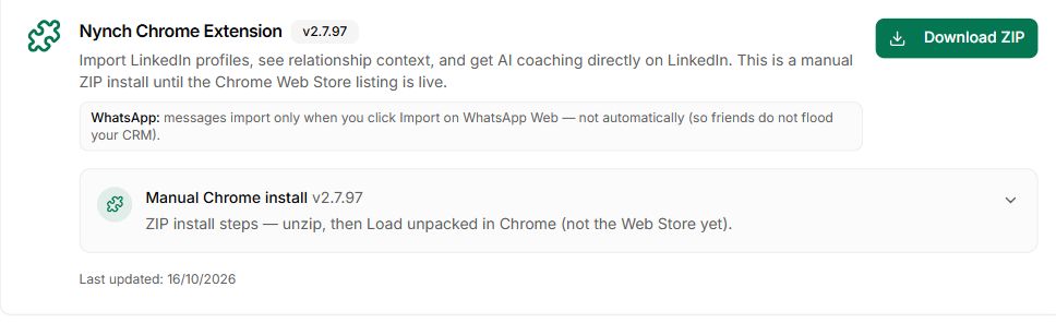 The current Nynch Chrome Extension installation card and supported LinkedIn workflow.
