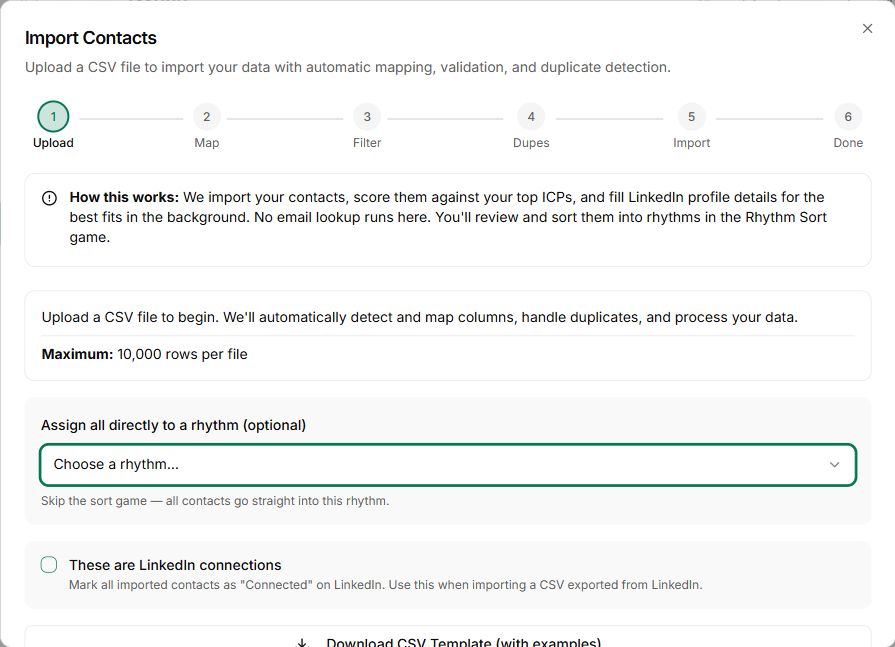 The real Import Contacts dialog, showing upload, mapping, filtering and duplicate checks.