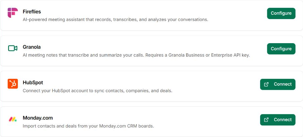 The real connection cards for Fireflies, Granola, HubSpot and Monday.com.