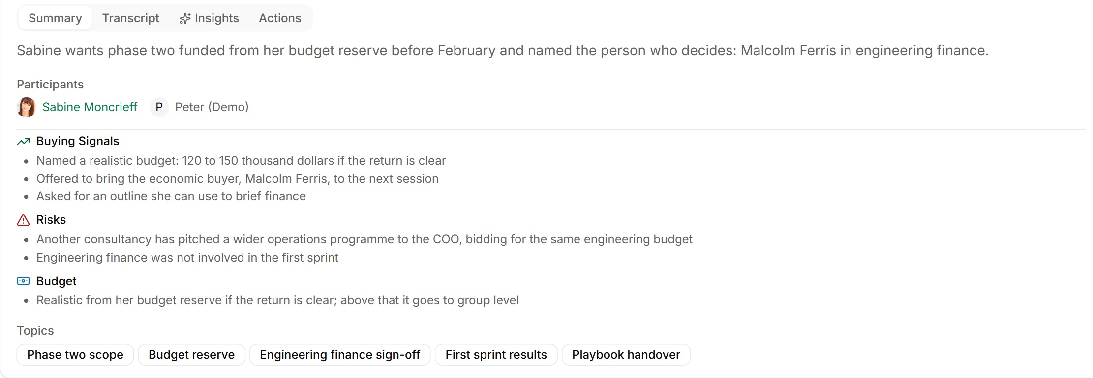 An analysed meeting in the Nynch demo showing its summary, buying signals and risks.