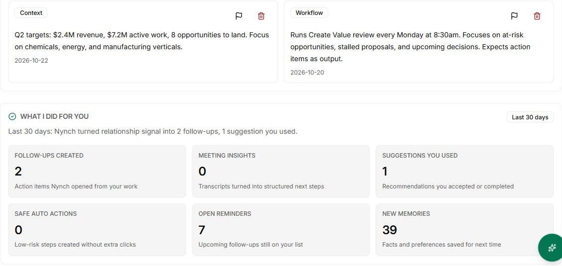 Nynch demo showing dated business context, a saved review workflow and recorded follow-up activity.