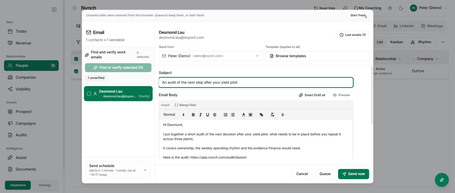 The actual Nynch email composer with an unsent personal introduction and a link to the demo audit.