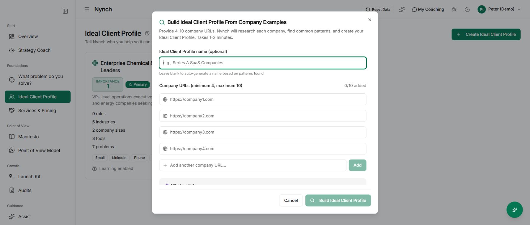 Company URL inputs for researching an ideal client profile in Nynch.