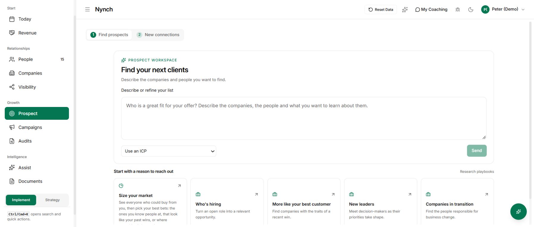 Nynch prospecting with an ideal client profile selector and research playbooks for hiring, similar customers and new leaders.