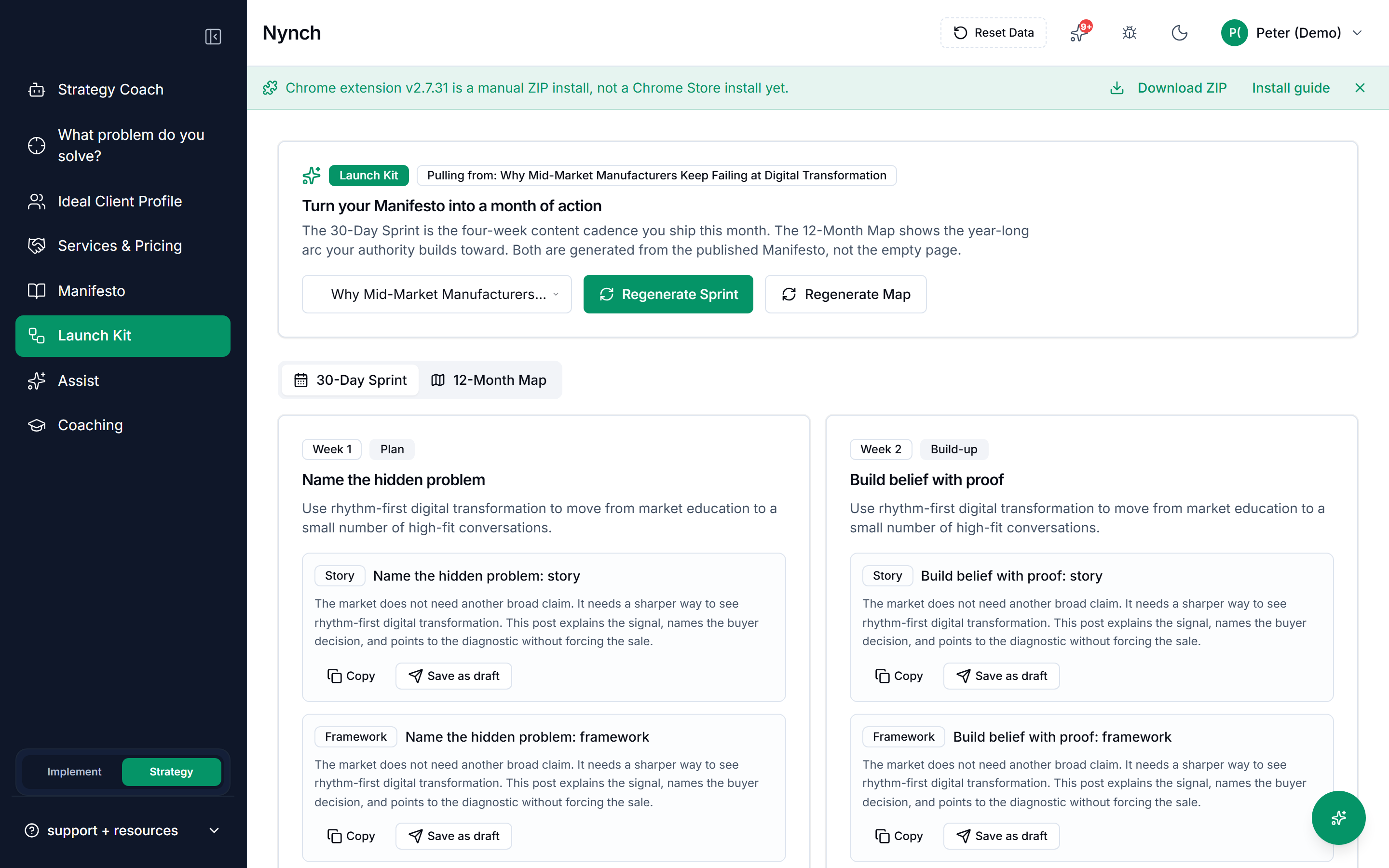Nynch Strategy tab showing strategy-led briefs and a 30-day launch plan ready for review