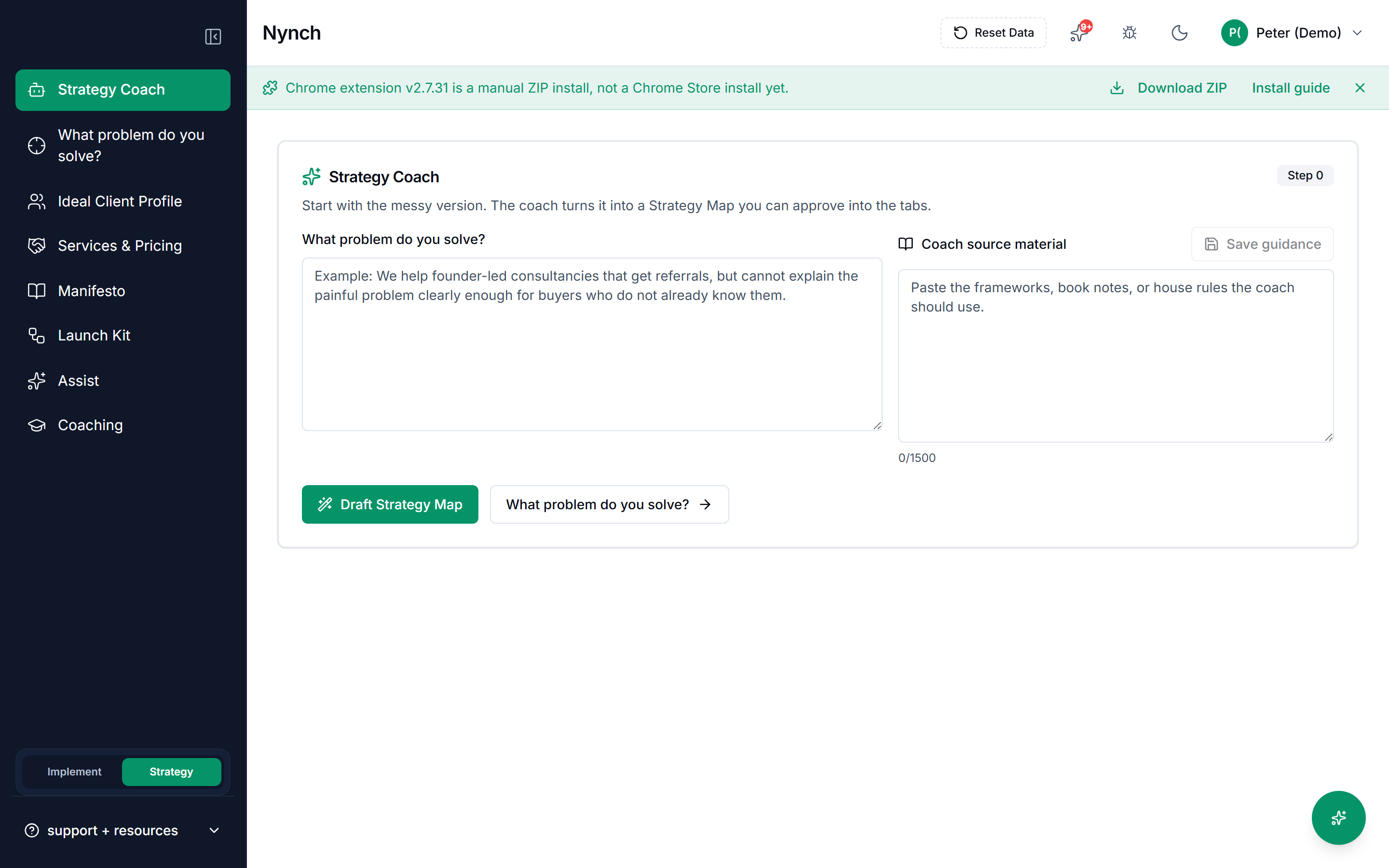 Nynch Strategy tab showing the Strategy Coach for defining the problem a consultant solves