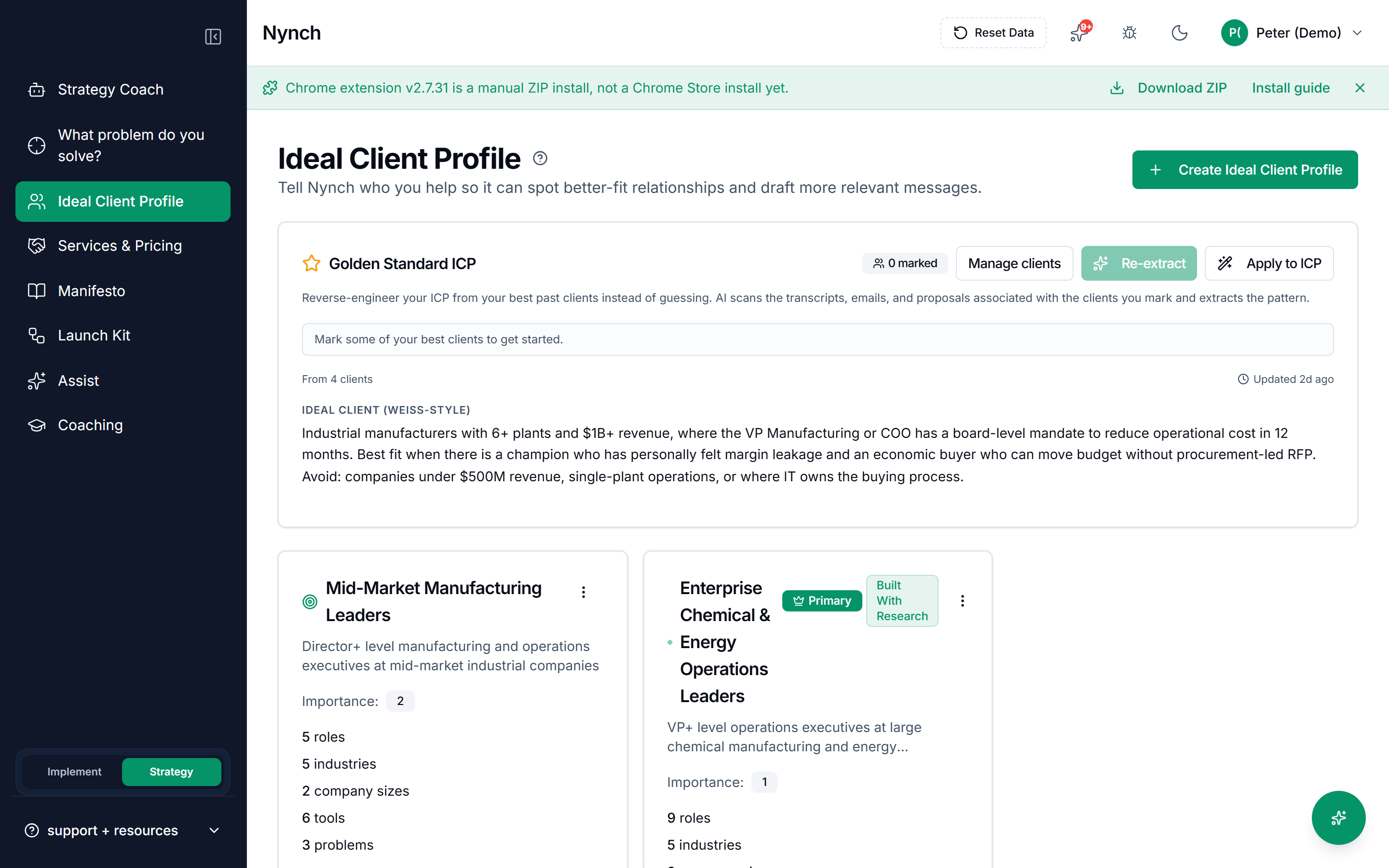 Nynch Strategy tab showing an ideal client profile built from selected best clients