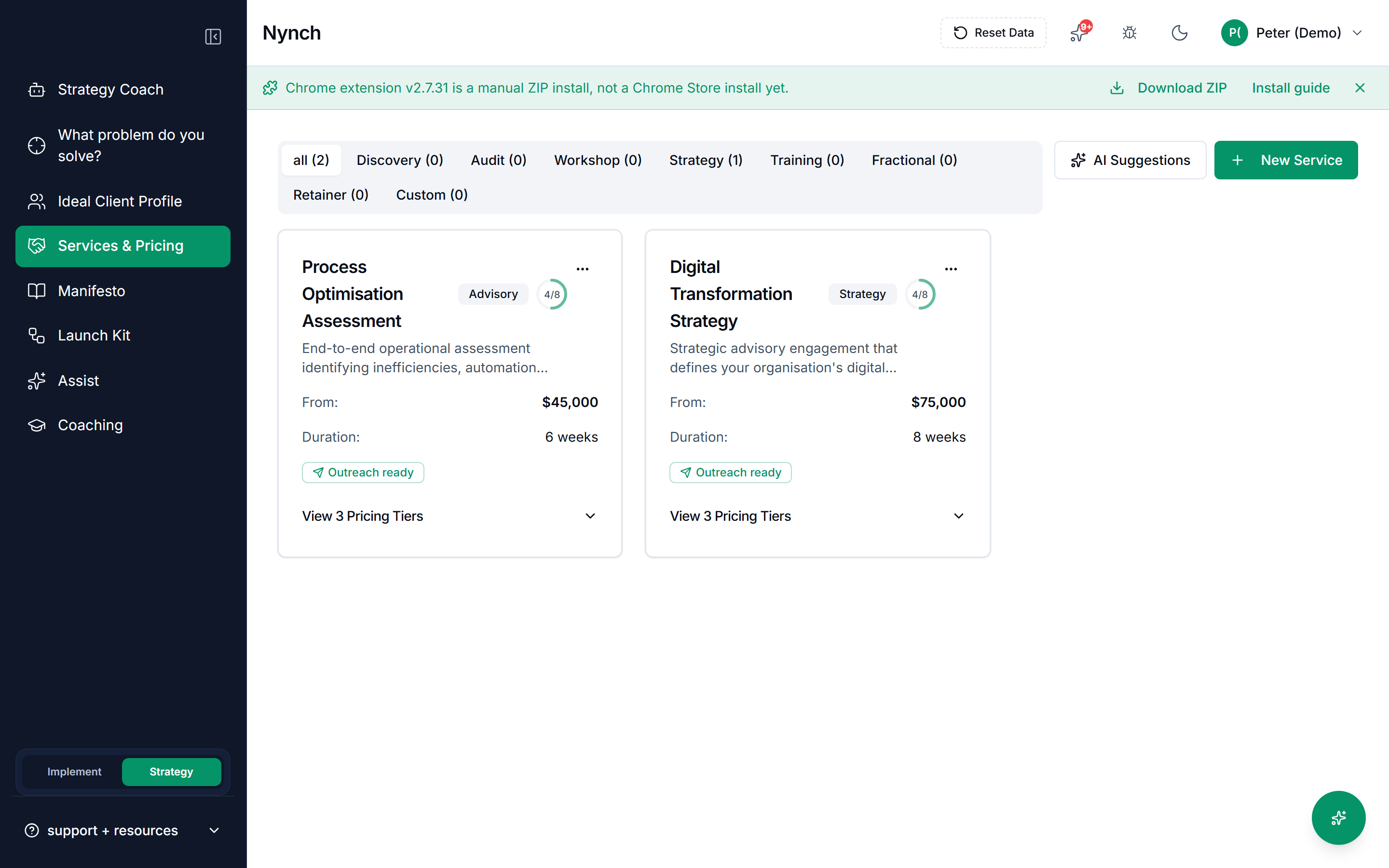 Nynch Strategy tab showing consulting services, pricing, duration and outreach readiness